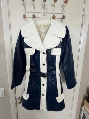 Vintage 1960s Cabrella Mod Coat Navy White Belted Go-Go Retro Jacket